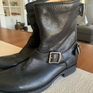 Frye Black Leather Combat Boots with Buckles